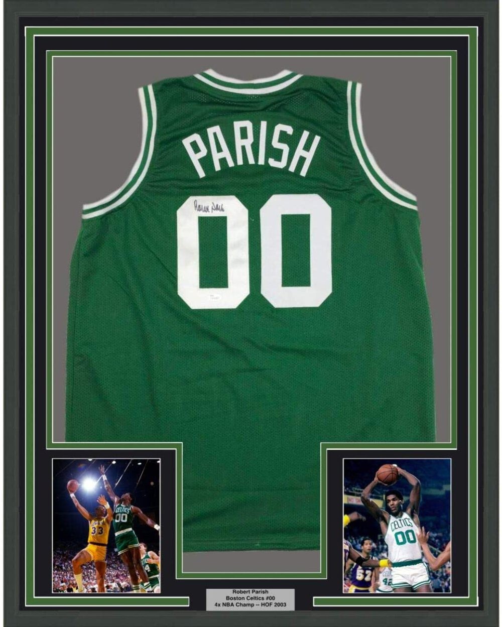 Framed Autographed/Signed Robert Parish 33x42 Boston Green Jersey JSA COA