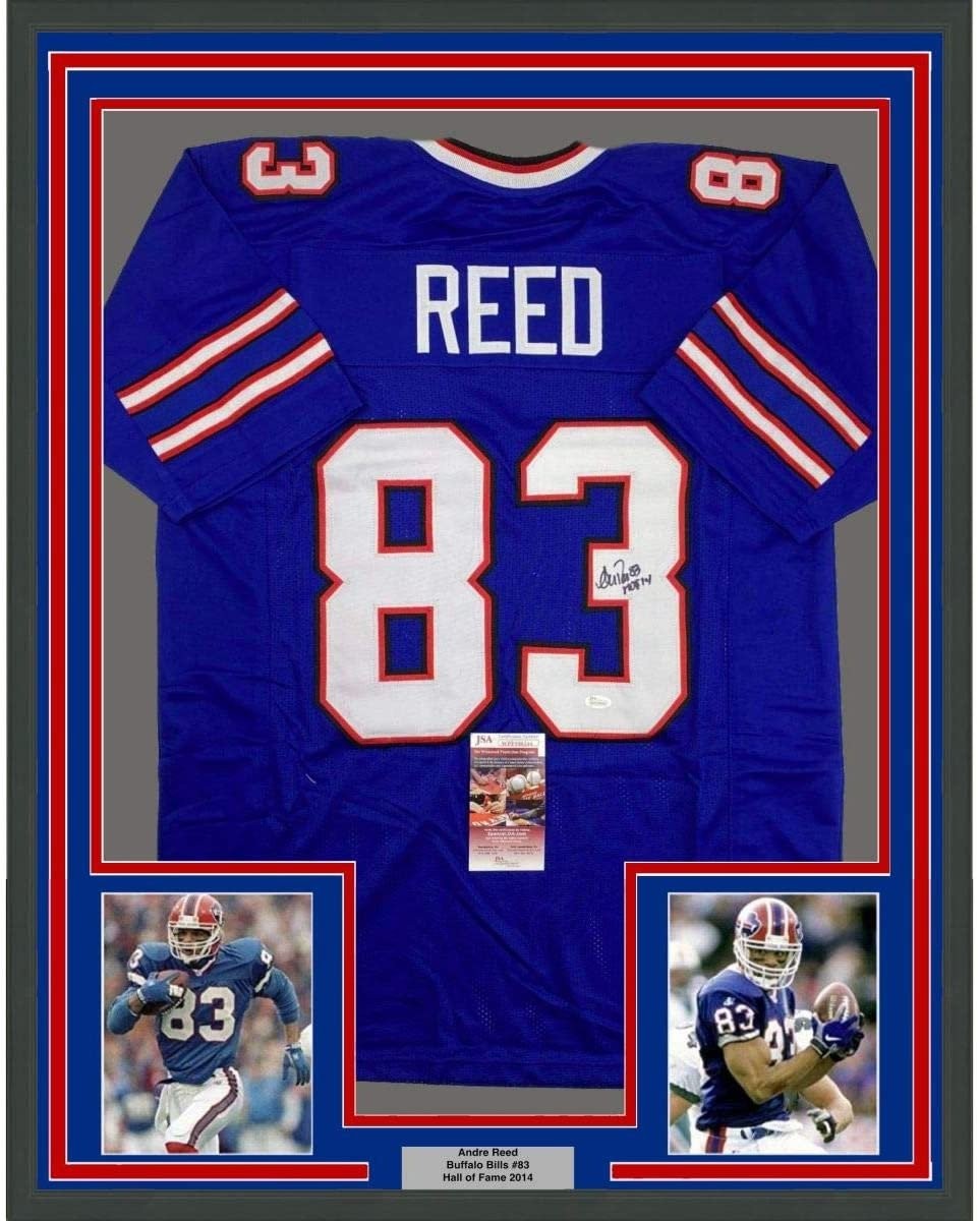 FRAMED Signed ANDRE REED HOF 14 35x39 Buffalo Blue Jersey JSA COA