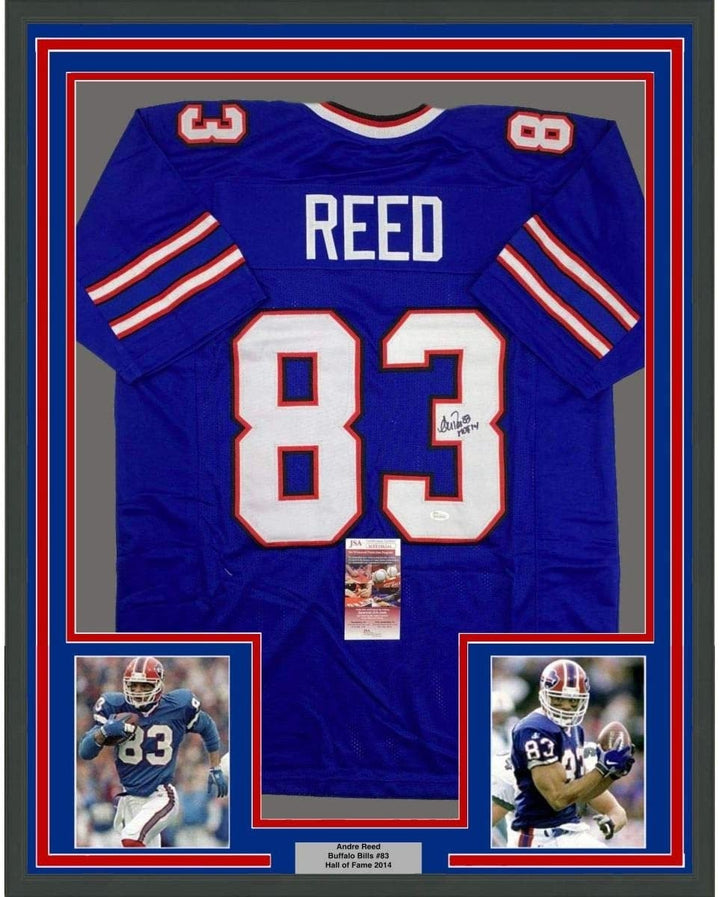 FRAMED Signed ANDRE REED HOF 14 35x39 Buffalo Blue Jersey JSA COA