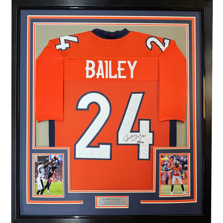 Framed Autographed/Signed Champ Bailey 35x39 Denver Orange Jersey JSA COA