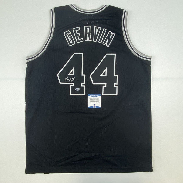 Autographed/Signed GEORGE GERVIN San Antonio Black Jersey Beckett COA