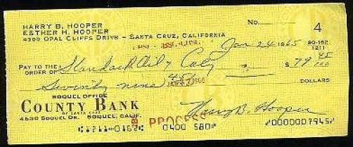 Harry Hooper Jsa Signed 1965 Check Autograph Authentic