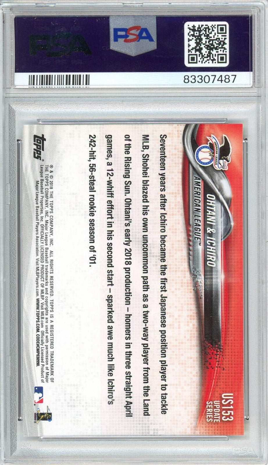 Graded 2018 Topps Update Shohei Ohtani/Ichiro Suzuki #US153 Baseball Card PSA 10
