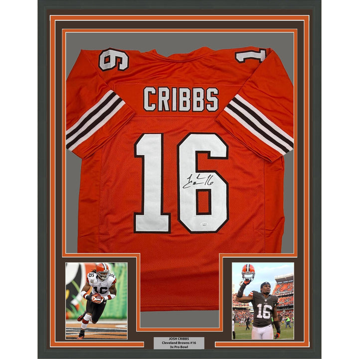 Framed Autographed/Signed Josh Cribbs 35x39 Cleveland Orange Jersey JSA COA