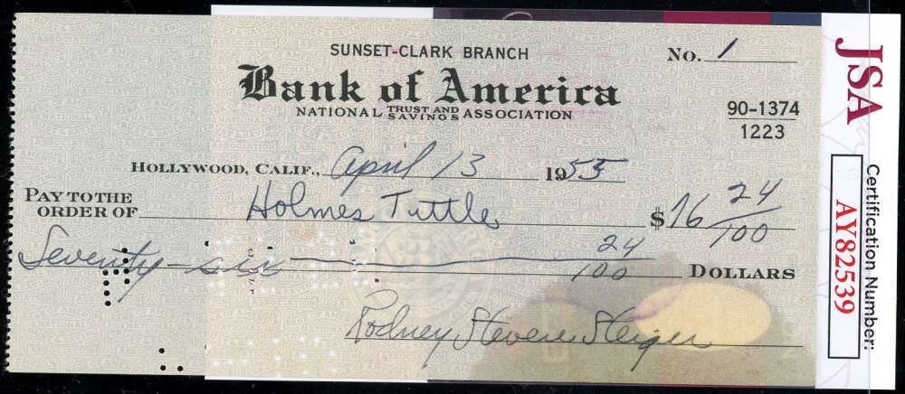 Rod Steiger JSA Coa Signed 1955 Personal Check Autograph