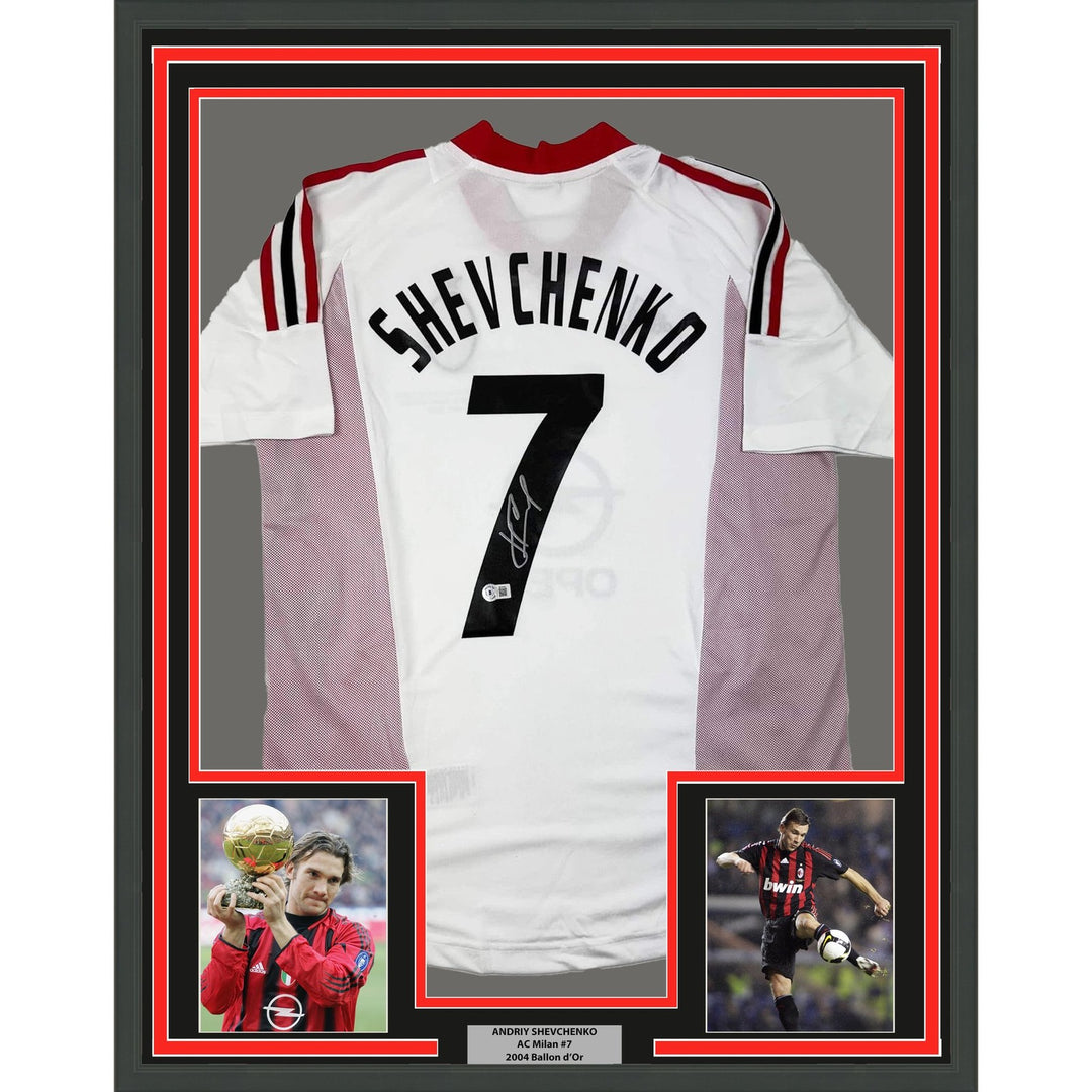 Framed Autographed/Signed Andriy Shevchenko 35x39 AC Milan White Jersey COA