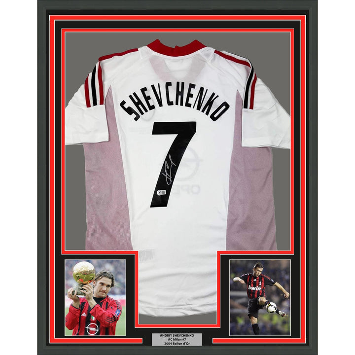 Framed Autographed/Signed Andriy Shevchenko 35x39 AC Milan White Jersey COA