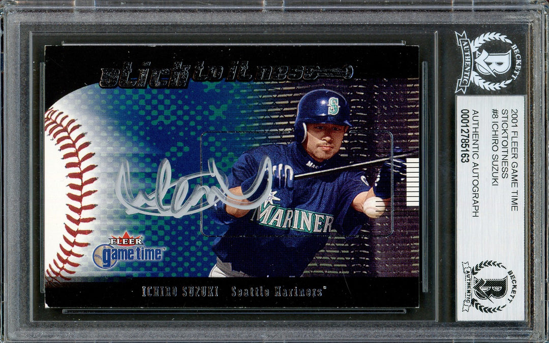 Ichiro Suzuki Signed 2001 Fleer Game Time Sticktoitiveness RC 8 Mariners Beckett