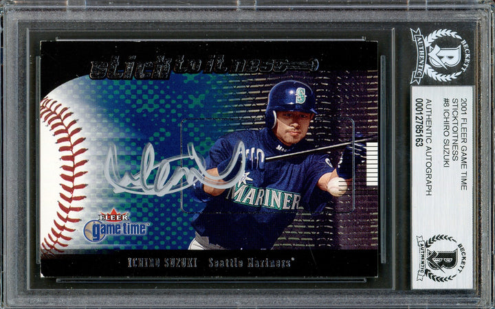 Ichiro Suzuki Signed 2001 Fleer Game Time Sticktoitiveness RC 8 Mariners Beckett