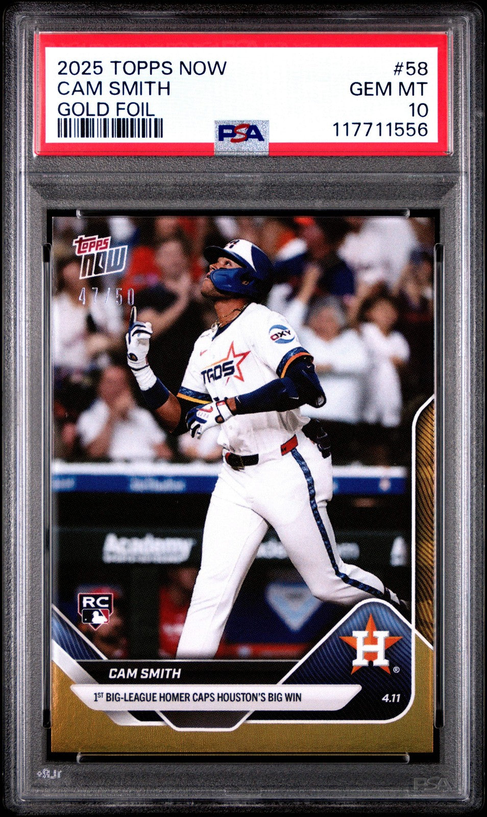 Graded 2025 Topps Now Cam Smith #58 Gold Foil /50 Rookie RC Baseball Card PSA 10