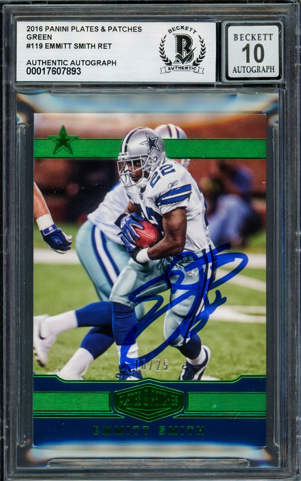 Emmitt Smith Auto 2016 Panini Plates Patches Green Card 119 Sig 10 #/25 Beckett