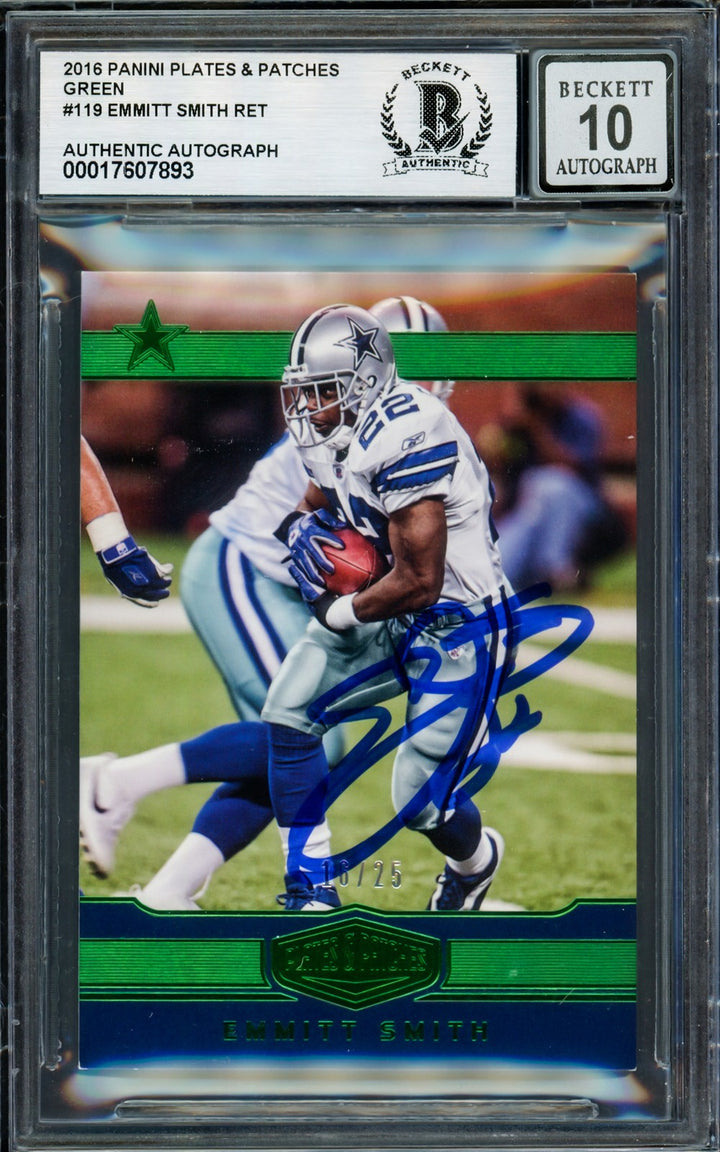 Emmitt Smith Auto 2016 Panini Plates Patches Green Card 119 Sig 10 #/25 Beckett