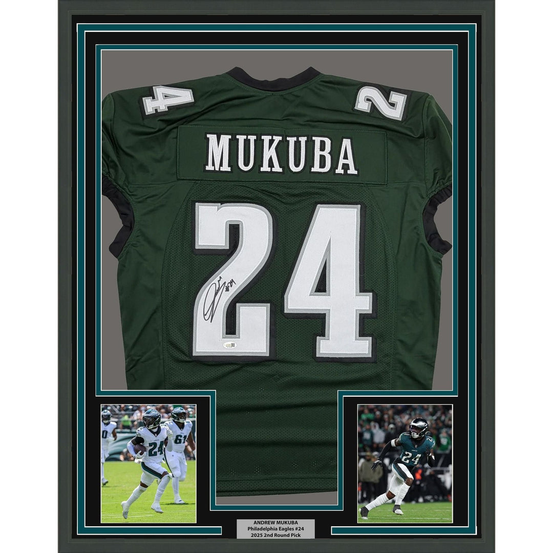Framed Signed Andrew Mukuba 35x39 Philadelphia Dark Green Jersey JSA COA