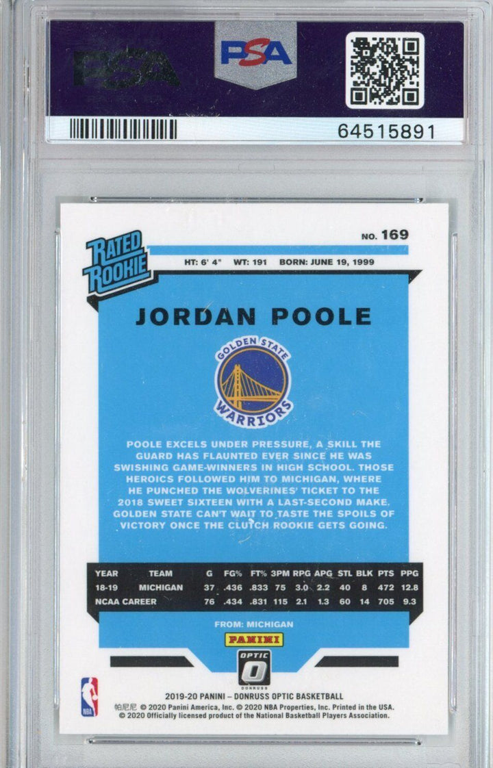Graded 2019-20 Panini Donruss Optic Jordan Poole #169 Rookie RC Card PSA 10 Mint