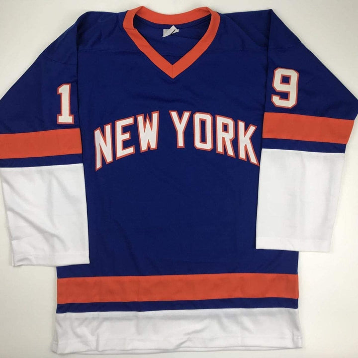 Autographed/Signed Bryan Trottier HOF 97 New York Blue Jersey JSA COA