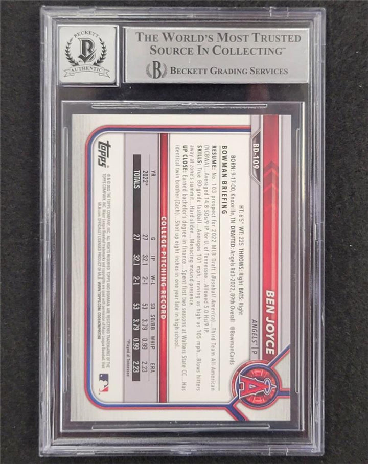 2022 1st Bowman Draft #BD109 Ben Joyce signed RC card Beckett BAS 10 Auto