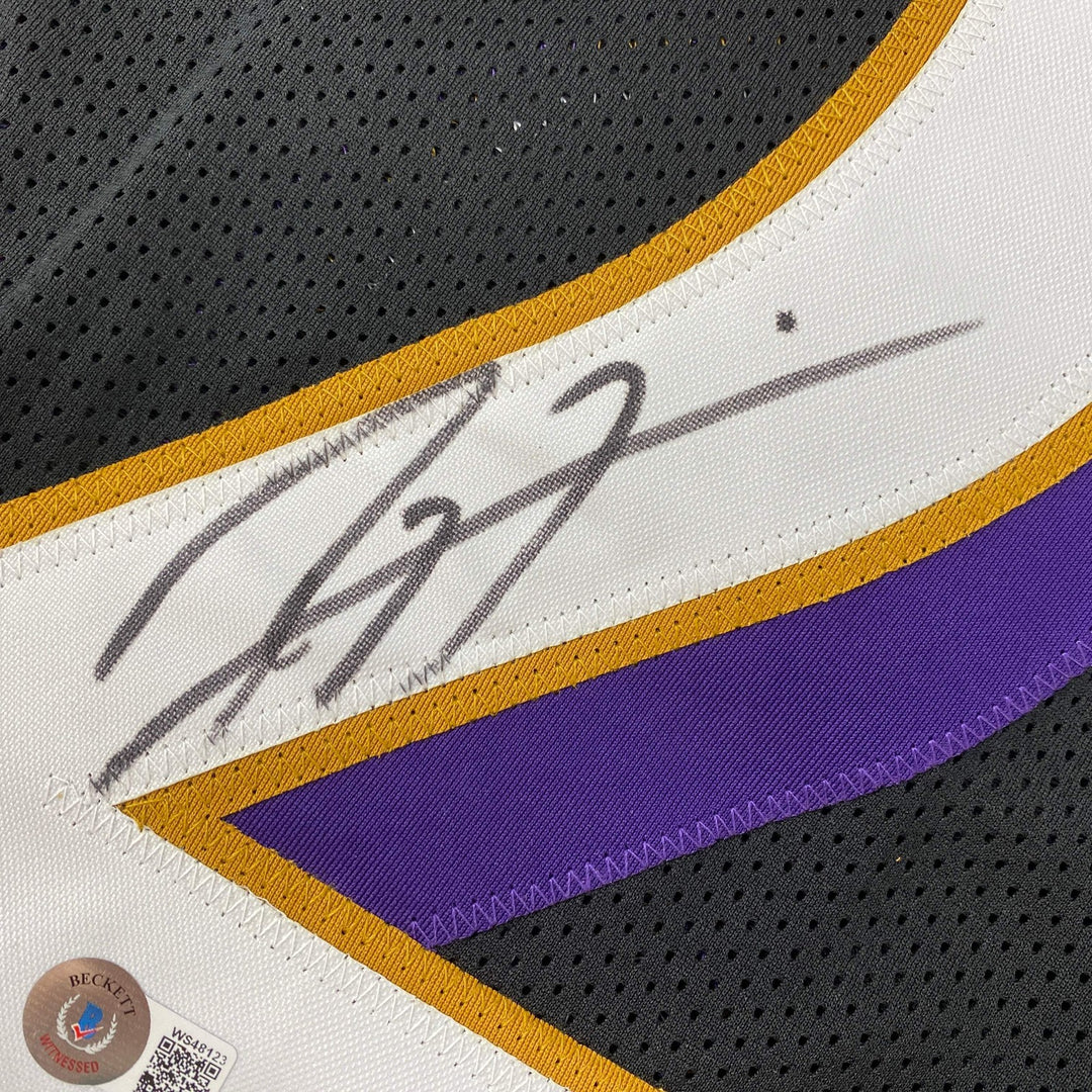 Autographed/Signed Ray Lewis Baltimore Black Stat Football Jersey Beckett COA