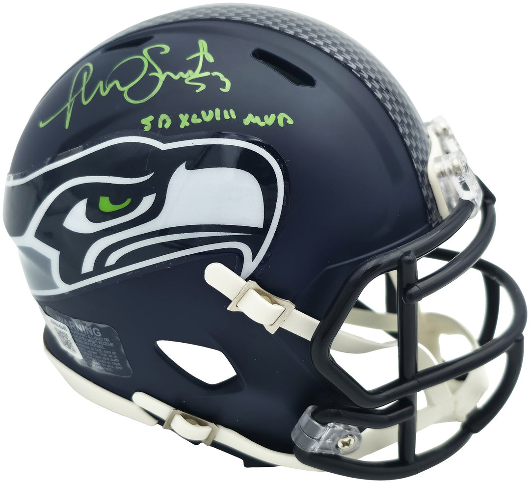 Malcolm Smith Signed Seahawks Blue Speed Mini Helmet Beckett Wit Beckett Witness