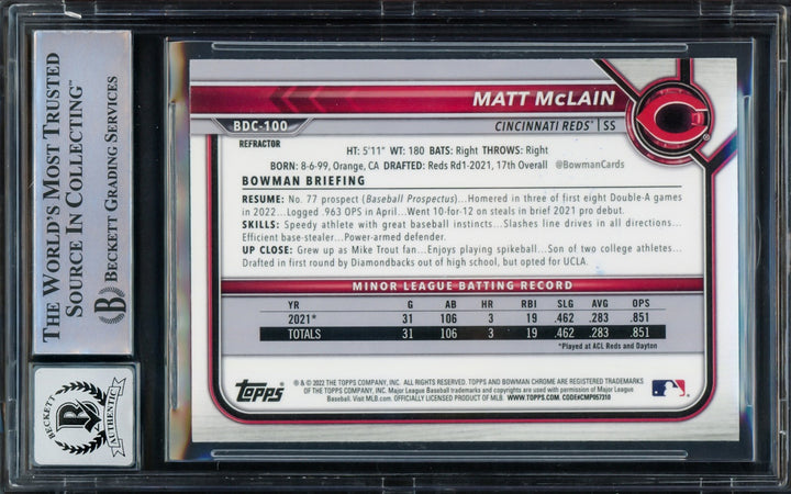 Matt McLain Auto 2022 Bowman Chrome Draft Refractors RC BDC100 Sig 10 Beckett