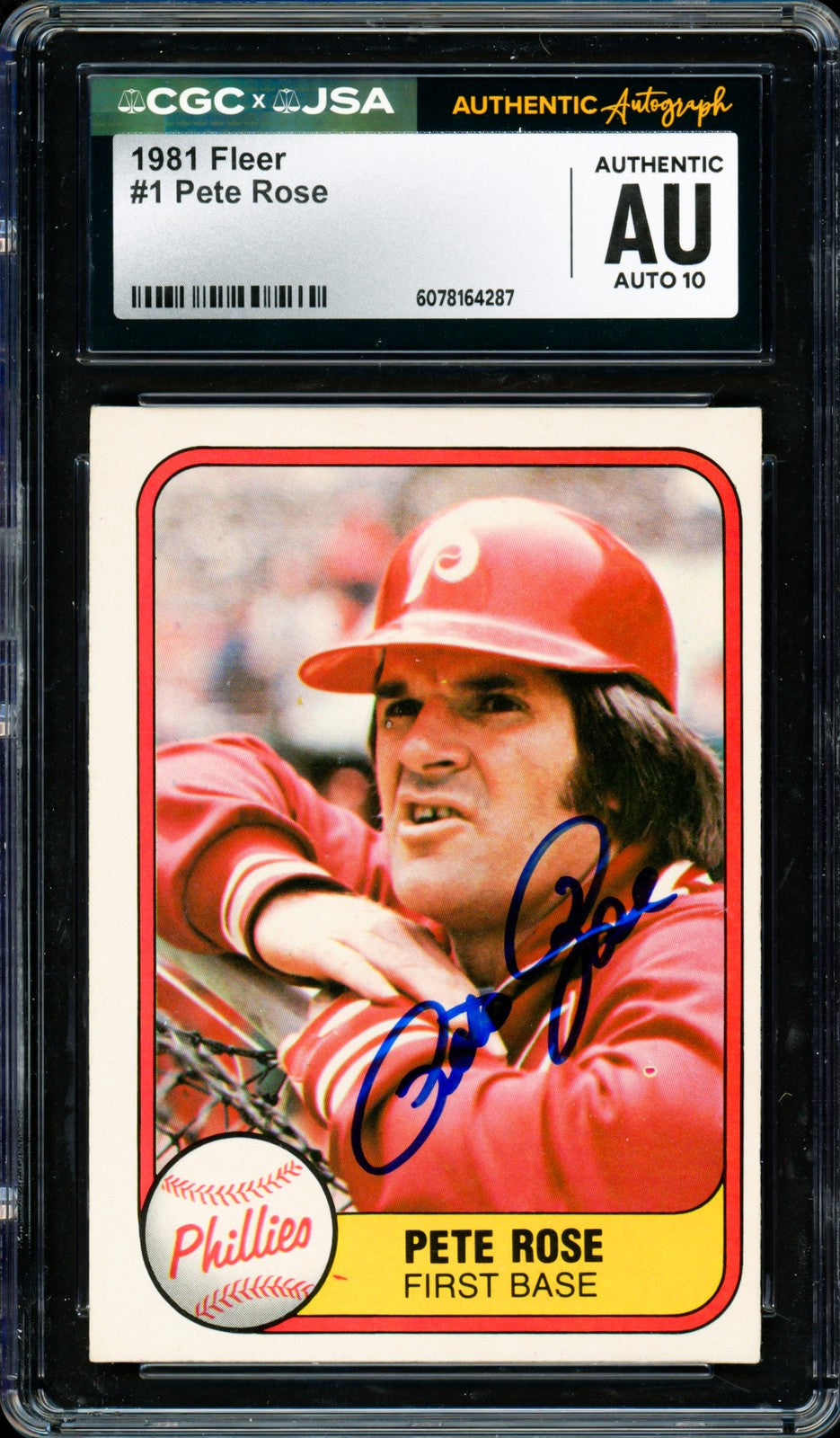 Pete Rose Signed 1981 Fleer Card 1 Phillies Auto GM 10 CGC x JSA