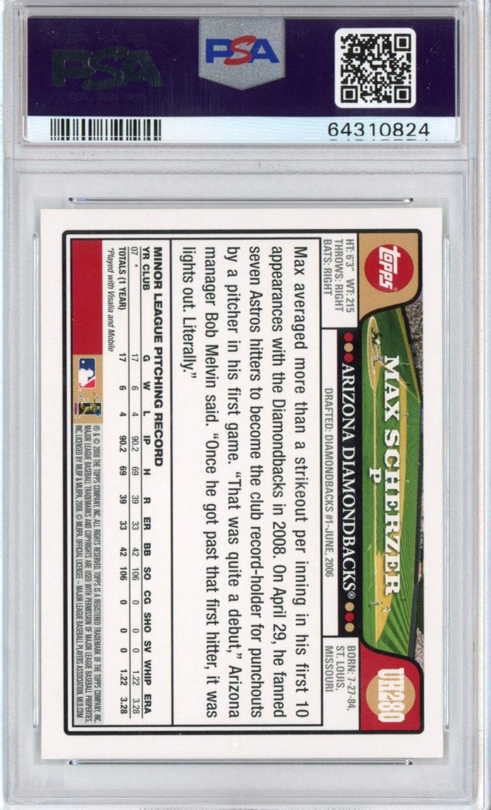 Graded 2008 Topps Update & Highlights Max Scherzer #UH280 Rookie RC Card PSA 9