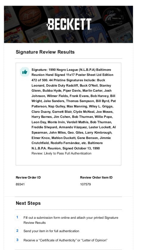 Negro League (N.L.B.P.A) Signed 1990 Reunion 11x17 Poster Sheet 44 Sigs- Beckett