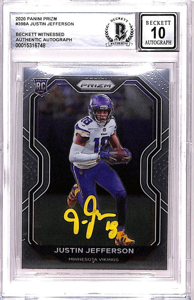 Justin Jefferson Signed 2020 Prizm #398 Trading Card Grade 10 Auto BAS 42596