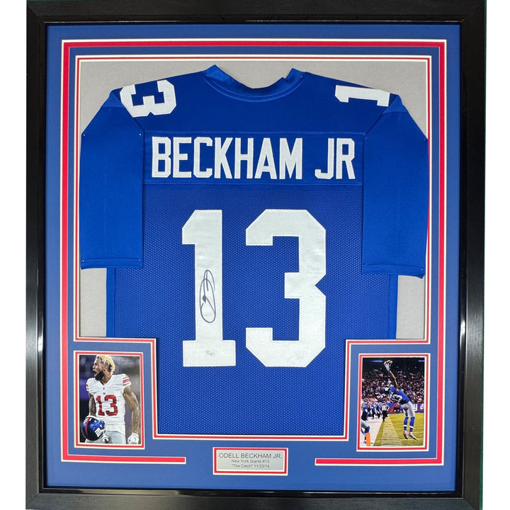 Framed Signed Odell Beckham Jr. 35x39 New York Giants Blue Jersey JSA COA