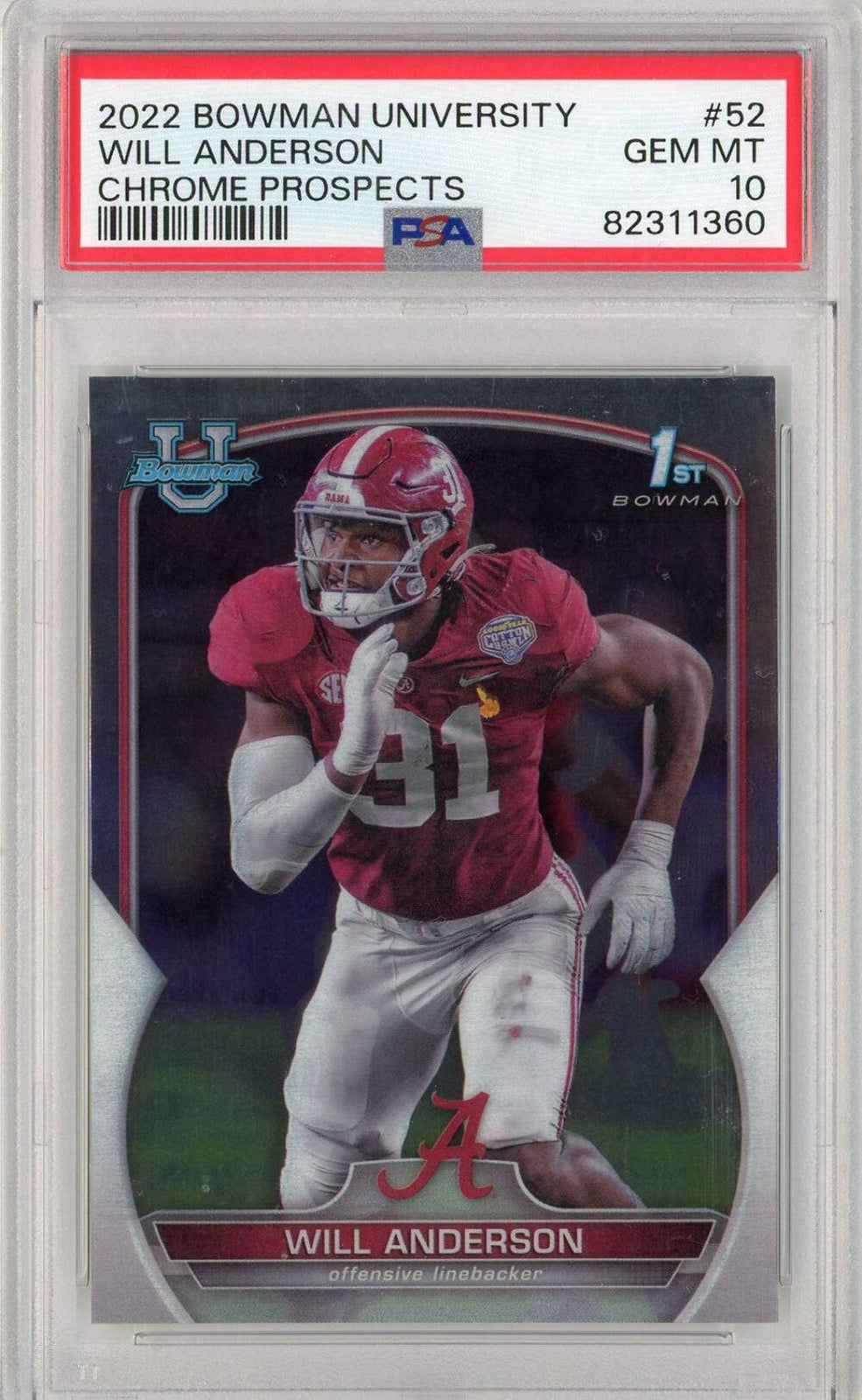 Graded 2022 Bowman University Will Anderson #52 Chrome Prospects RC Card PSA 10