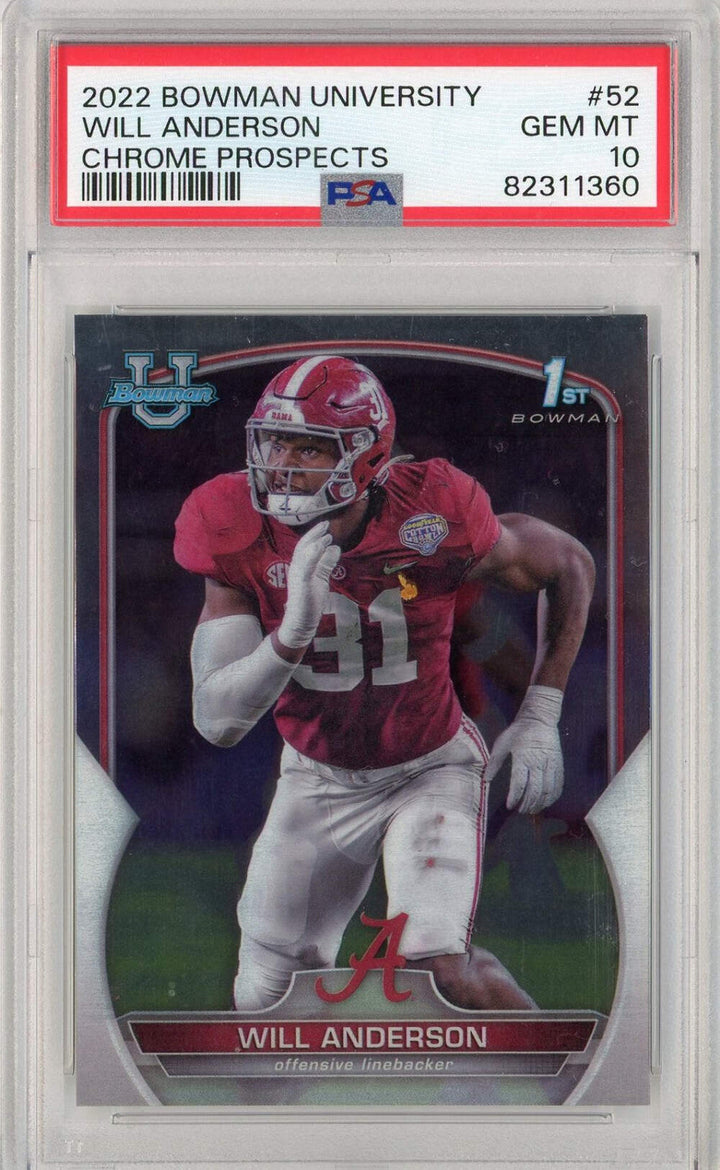 Graded 2022 Bowman University Will Anderson #52 Chrome Prospects RC Card PSA 10