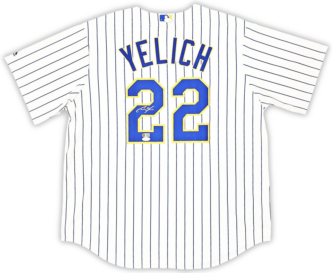 Brewers Christian Yelich Signed White Pinstripe Majestic Jersey Size XL JSA