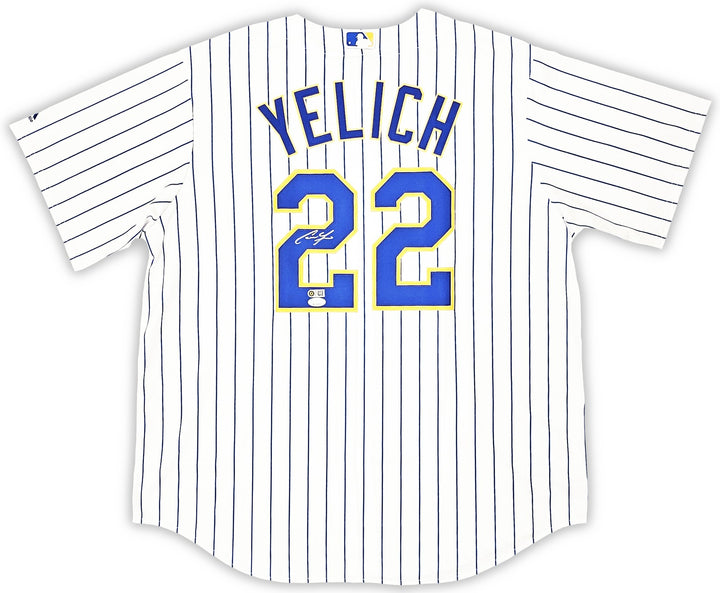 Brewers Christian Yelich Signed White Pinstripe Majestic Jersey Size XL JSA