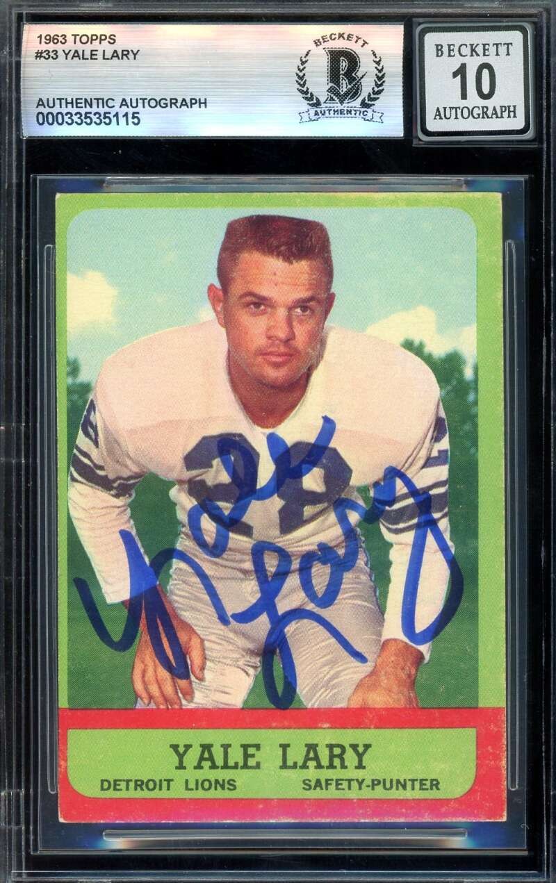 Yale Lary Gem Mint 10 Beckett BAS Signed 1963 Topps Autographed