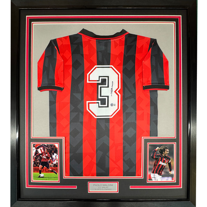 Framed Autographed/Signed Paolo Maldini 35x39 AC Milan Black/Red Jersey BAS COA