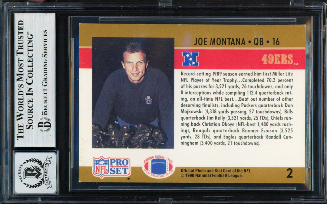 Joe Montana Signed 1990 Pro Set Card 2 San Francisco 49ers Auto GM 10 Beckett