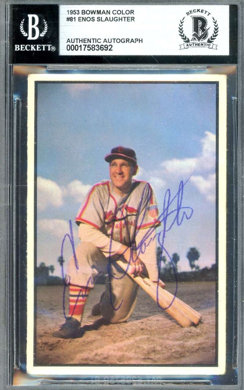 Enos Slaughter Beckett BAS Signed 1953 Bowman Autograph