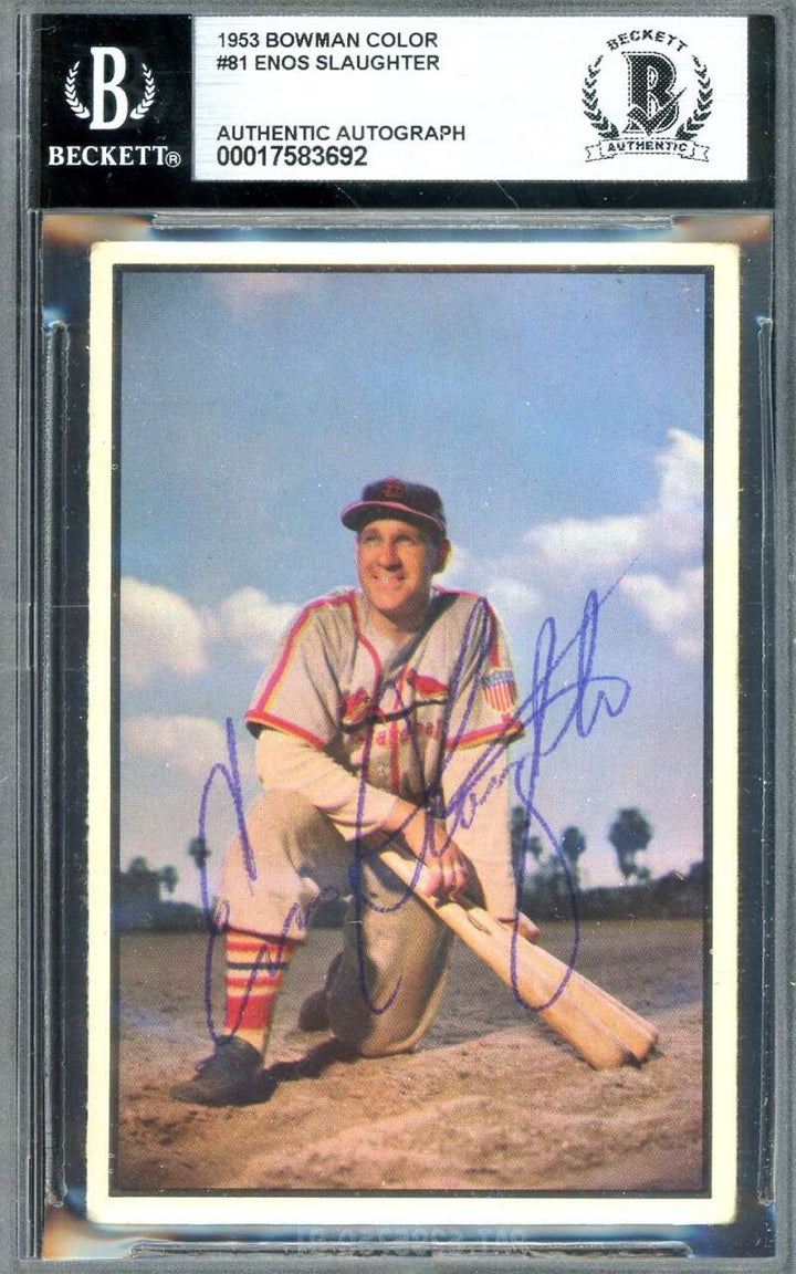 Enos Slaughter Beckett BAS Signed 1953 Bowman Autograph