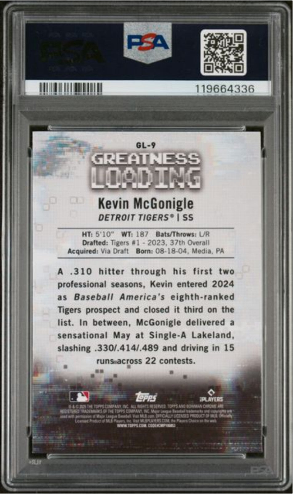 Graded 2025 Bowman Kevin McGonigle #GL9 Greatness Loading Rookie Card PSA 10