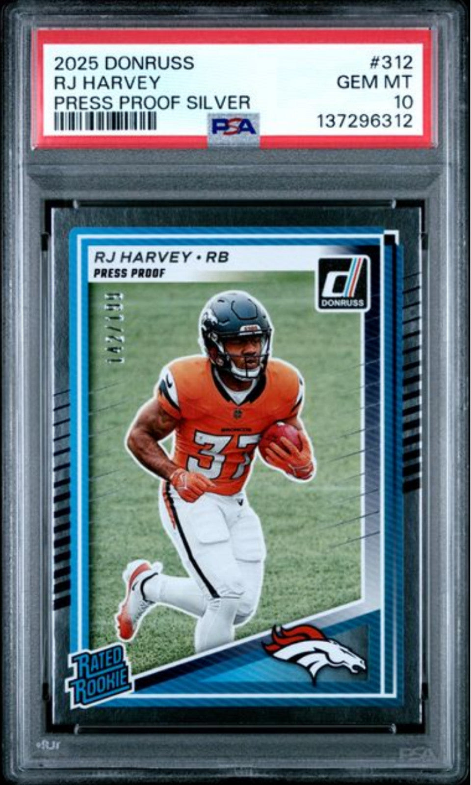 Graded 2025 Panini Donruss RJ Harvey #312 PP Silver /199 Rookie RC Card PSA 10