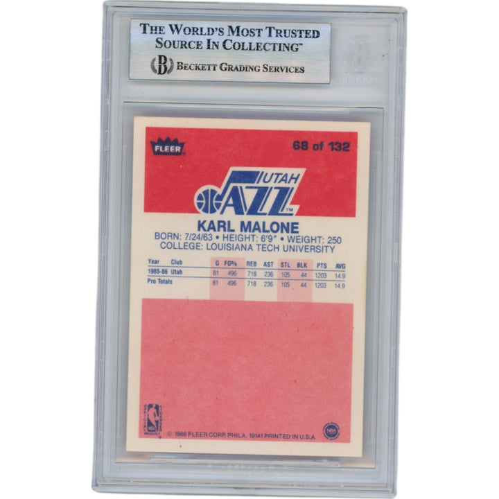 Karl Malone Autographed 1986 Fleer #68 Slabbed Trading Card Beckett 50626