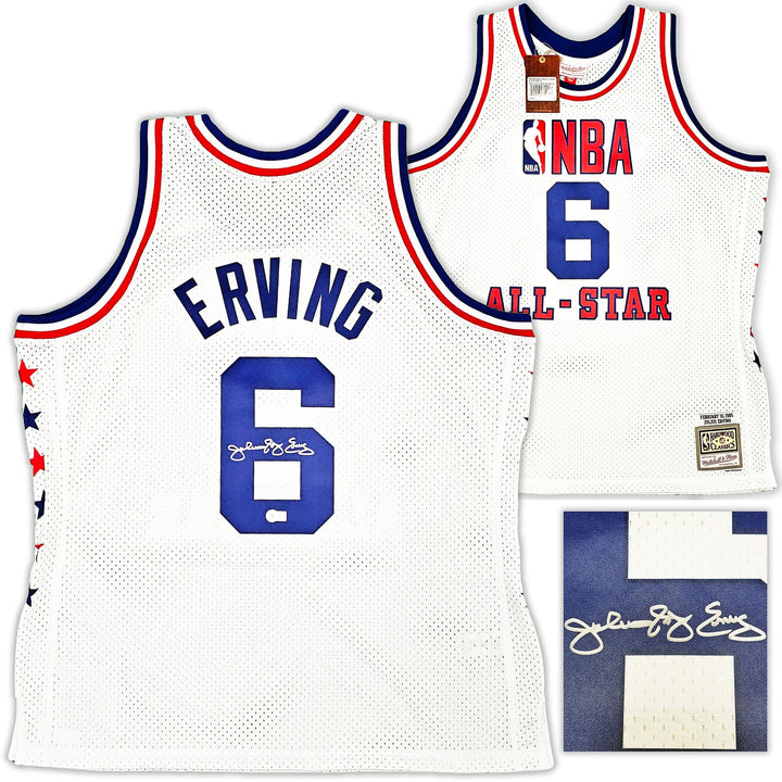 76ers Julius Dr J Erving Auto White Mitchell Ness 1985 Swingman AS Jersey 2X BAS
