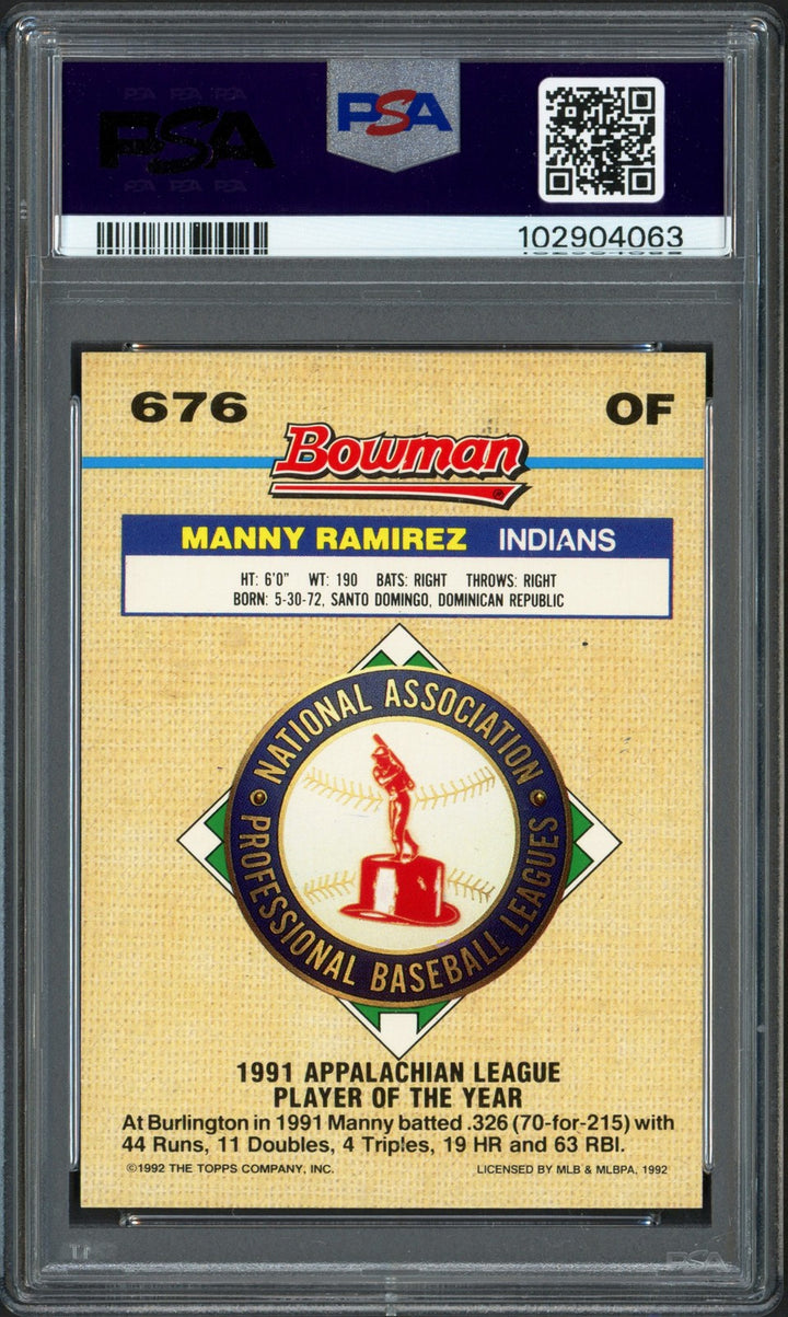 Manny Ramirez Auto 1992 Bowman Foil RC 676 Cleveland Indians PSA 8 Sig 10 DNA