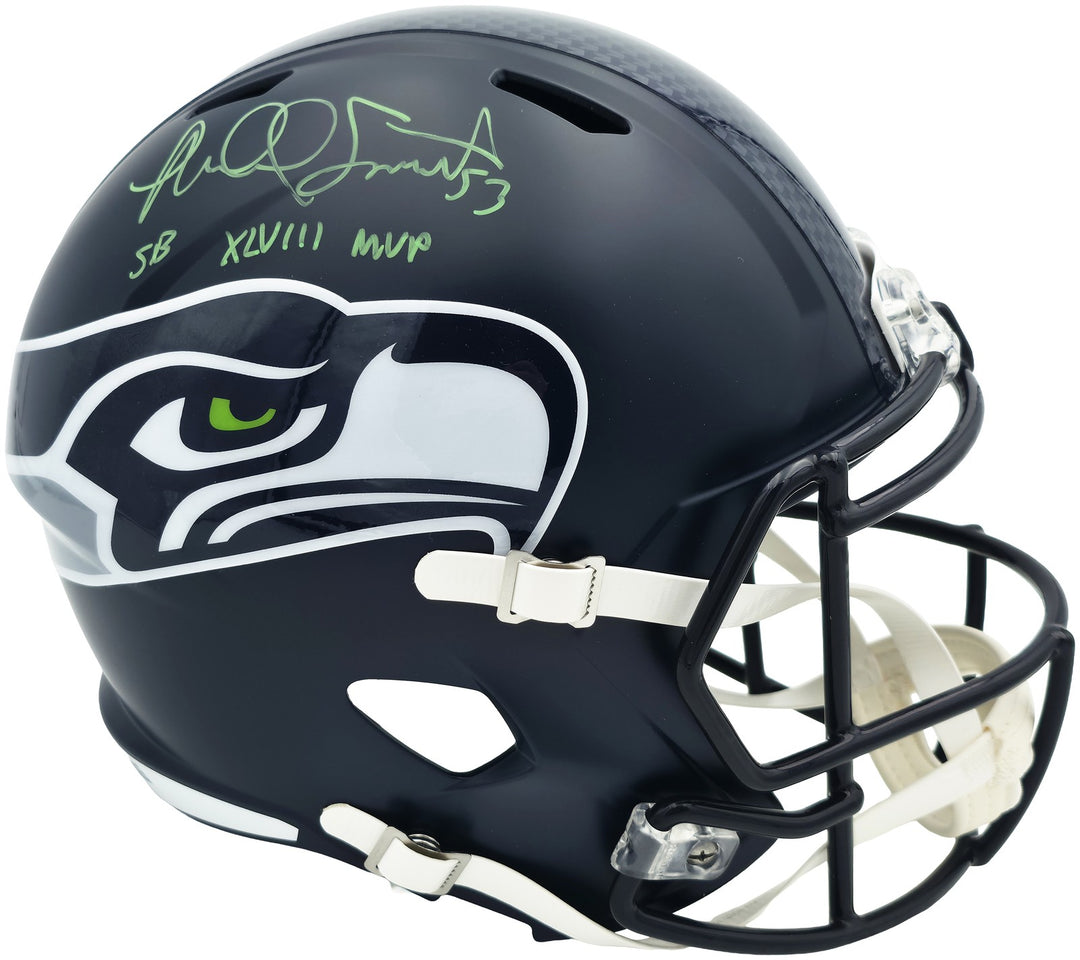 Malcolm Smith Signed Seahawks Blue Full Sz Speed Rep Helmet Beckett Wit