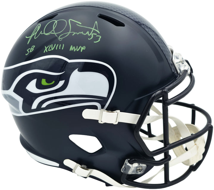 Malcolm Smith Signed Seahawks Blue Full Sz Speed Rep Helmet Beckett Wit