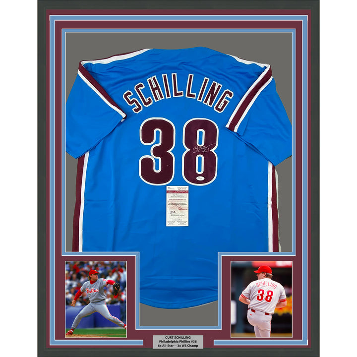 Framed Autographed/Signed Curt Schilling 33x42 Retro Blue Jersey JSA COA