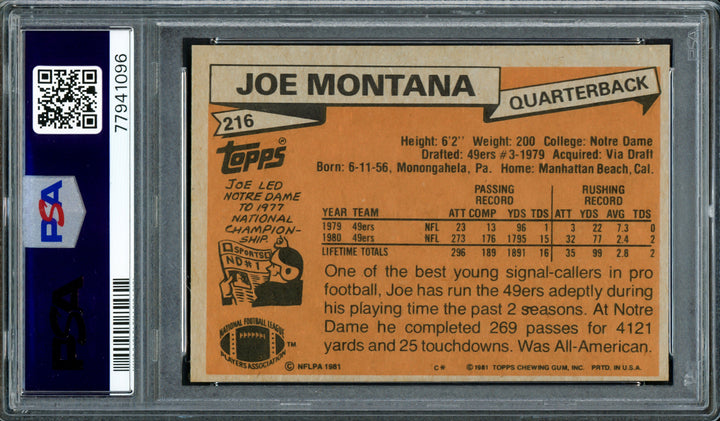 Joe Montana Autographed 1981 Topps RC 49ers PSA 6 Gem 10 Auto PSA/DNA 77941096