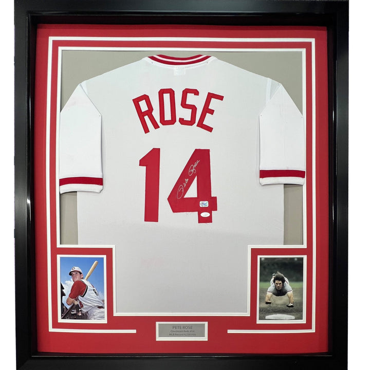 Framed Autographed/Signed Pete Rose 33x42 Cincinnati White Jersey JSA COA