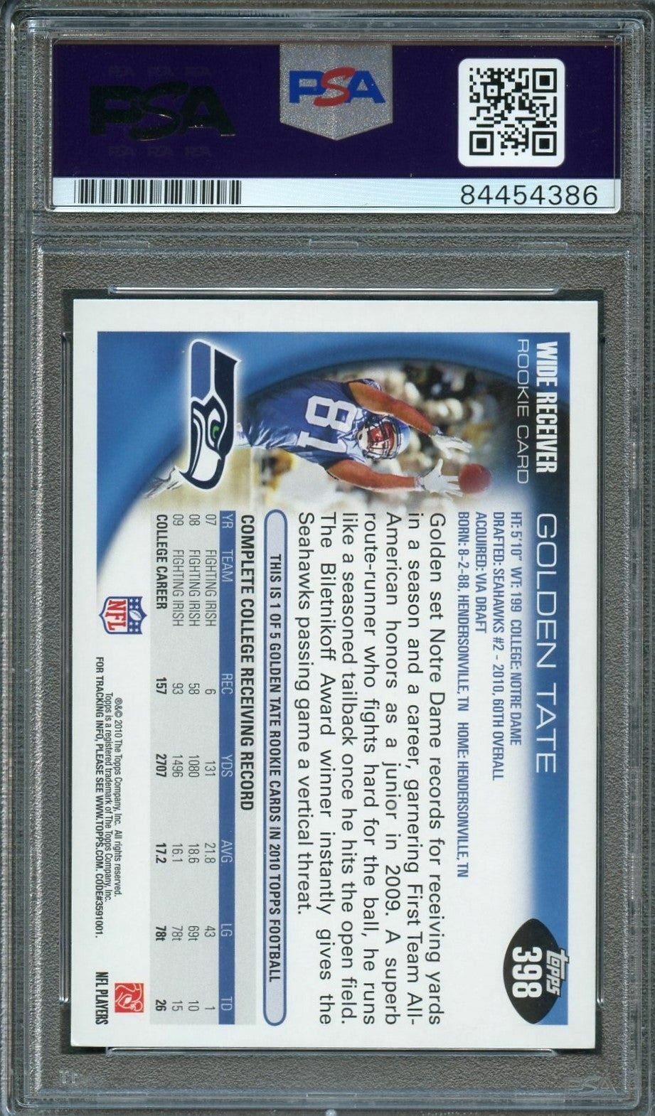 2010 TOPPS #398 GOLDEN TATE Signed Card PSA Slabbed RC Seahawks