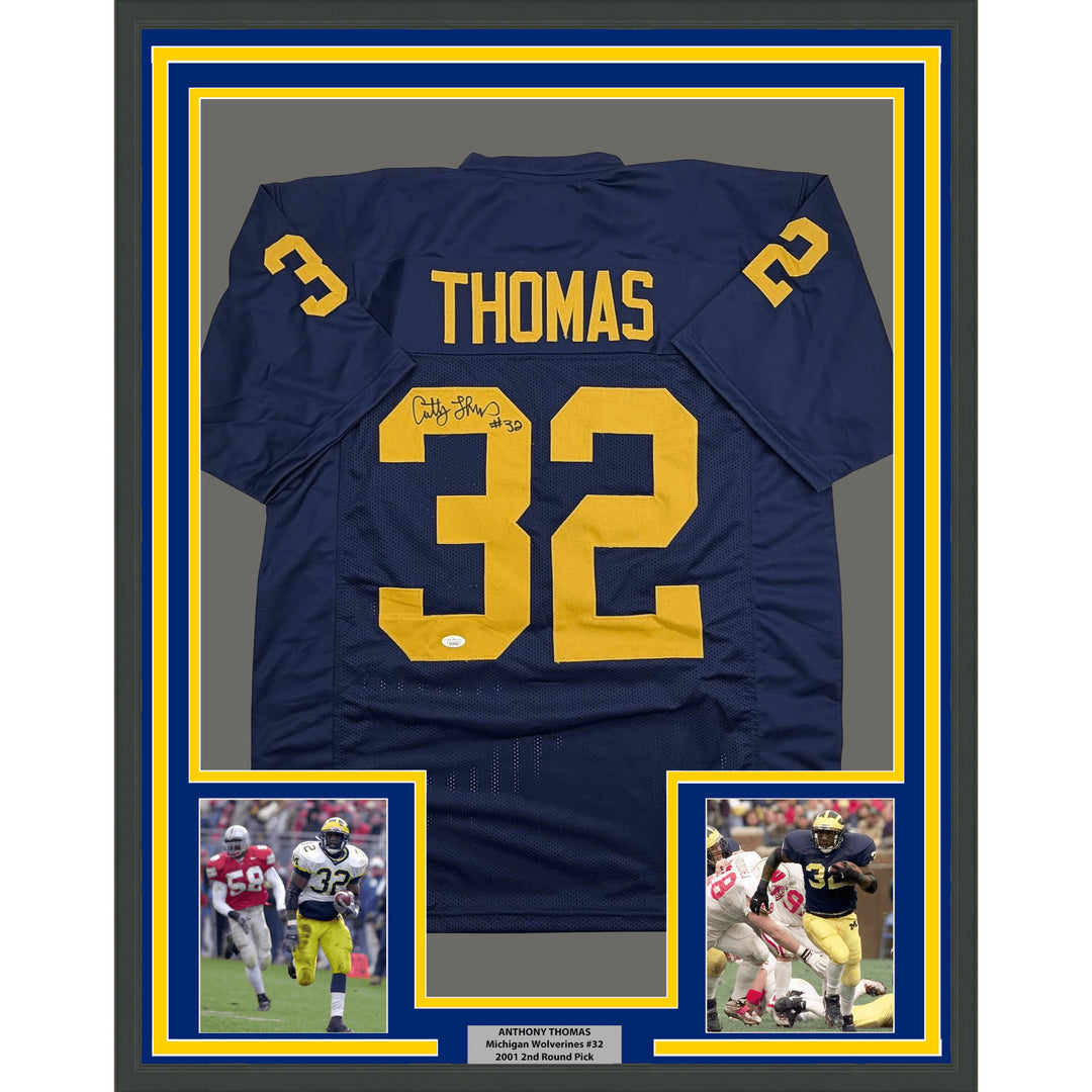 Framed Autographed Anthony Thomas 35x39 Michigan Blue College Jersey JSA COA