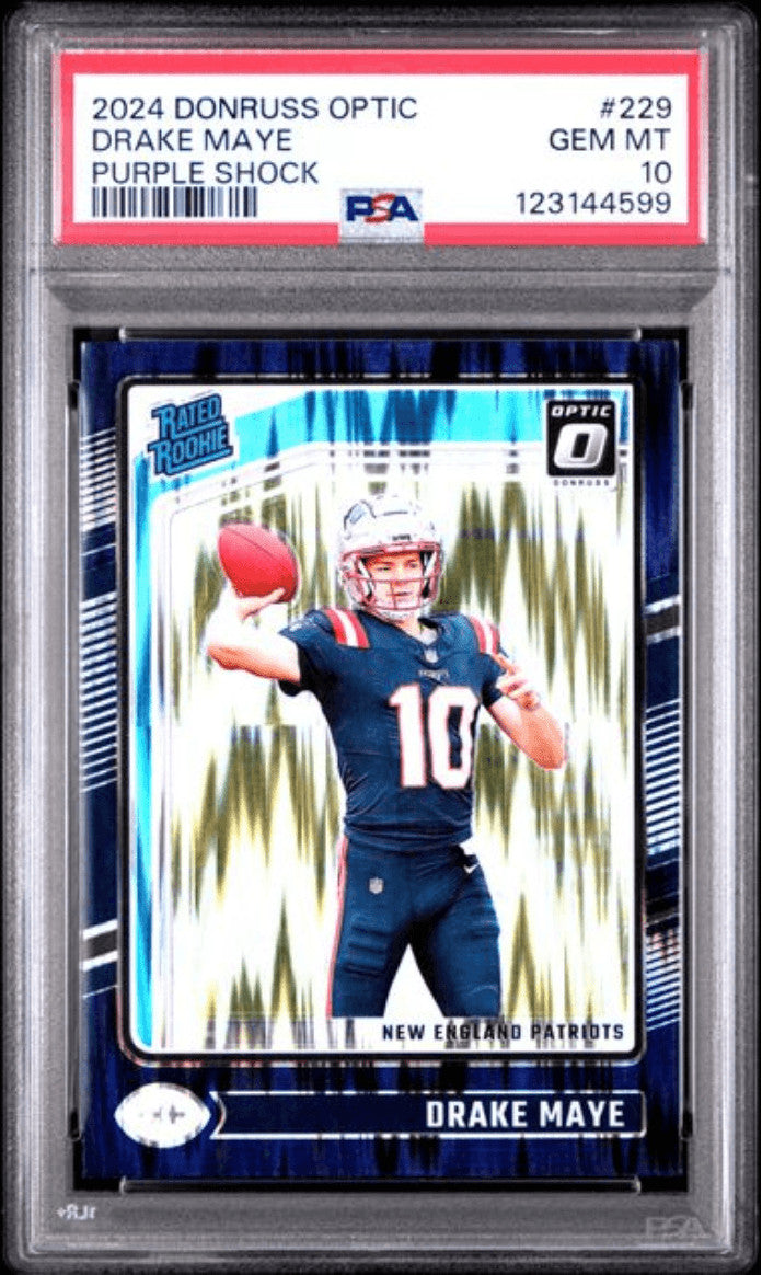 Graded 2024 Donruss Optic Drake Maye #229 Purple Shock RC Card PSA 10